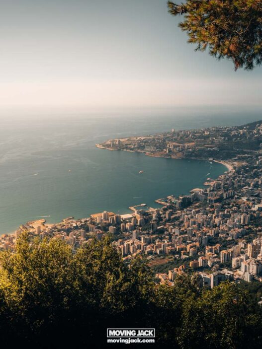 A view of a city from a hill overlooking the ocean.
