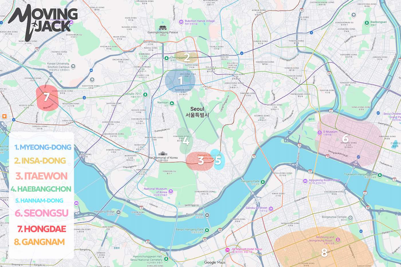 Een kleurrijke kaart van Seoul met daarop acht wijken, elk genummerd en aangeduid met een vetgedrukte tekst aan de linkerkant – perfect voor het plannen van je reisroute door Seoul.