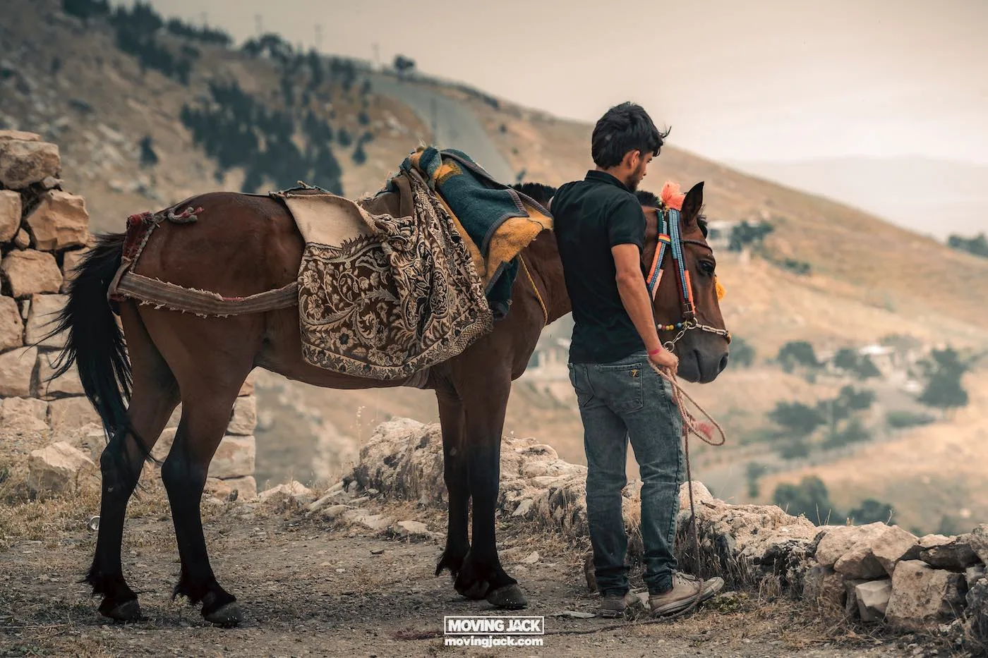 Visiting erbil & iraq for the first time: expert guide + tips 17 first time A man in a black shirt, clearly a first-timer on this rocky pathway, stands beside his saddled donkey against a backdrop of rolling hills. -copyright-moving-jack. Com