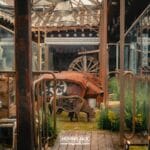 Ikseon dong hanok village itinerary: where to eat, drink & stay 7 ikseon dong Industrial-themed outdoor space in ikseon-dong features rusted metal structures, a wooden wagon wheel, and lush plants. Text on the ground reads "moving jack" alongside website information, seamlessly blending urban charm with natural elements. -copyright-moving-jack. Com
