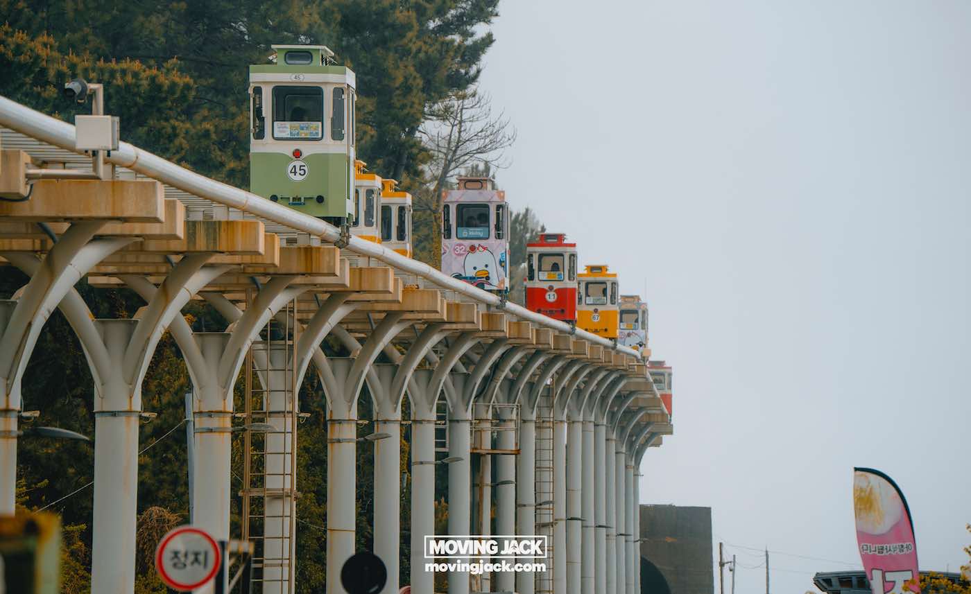 Gemakkelijk weekend in Busan met een peuter: 2-daagse reisroute voor gezinnen 19 Busan, weekend in Busan Verschillende kleurrijke railfietsen rijden over een verhoogd spoor, ondersteund door zuilen, met bomen op de achtergrond en duidelijke bewegwijzering in het zicht. -copyright-moving-jack.com