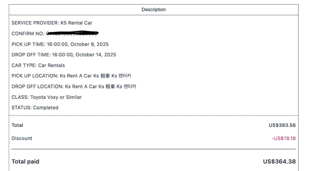 A car rental receipt for renting a car in okinawa, showing pickup and drop-off dates/times in october 2025, locations, car type, total cost $383. 56, discount $19. 18, total paid $364. 38. Some information appears in korean. -copyright-moving-jack. Com