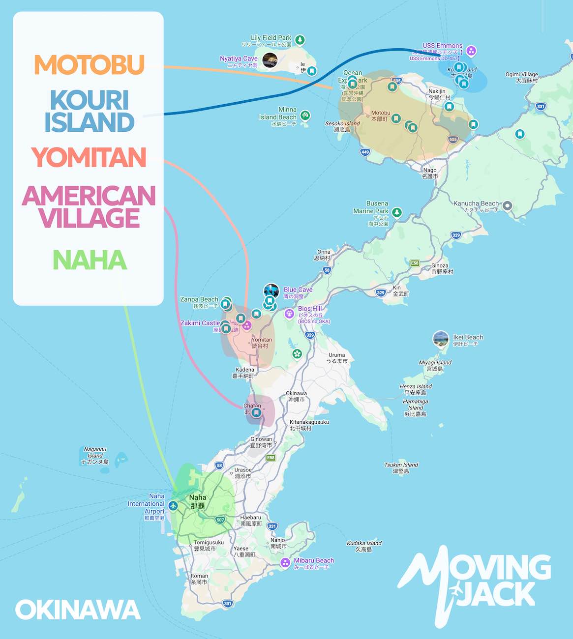 Een kleurrijke, geïllustreerde kaart van Okinawa, Japan, met daarop Motobu, Kouri Island, Yomitan, American Village en Naha. De locaties zijn met elkaar verbonden door dikke tekst en gekleurde lijnen. Deze kaart helpt bezoekers bij het kiezen van een accommodatie in Okinawa.