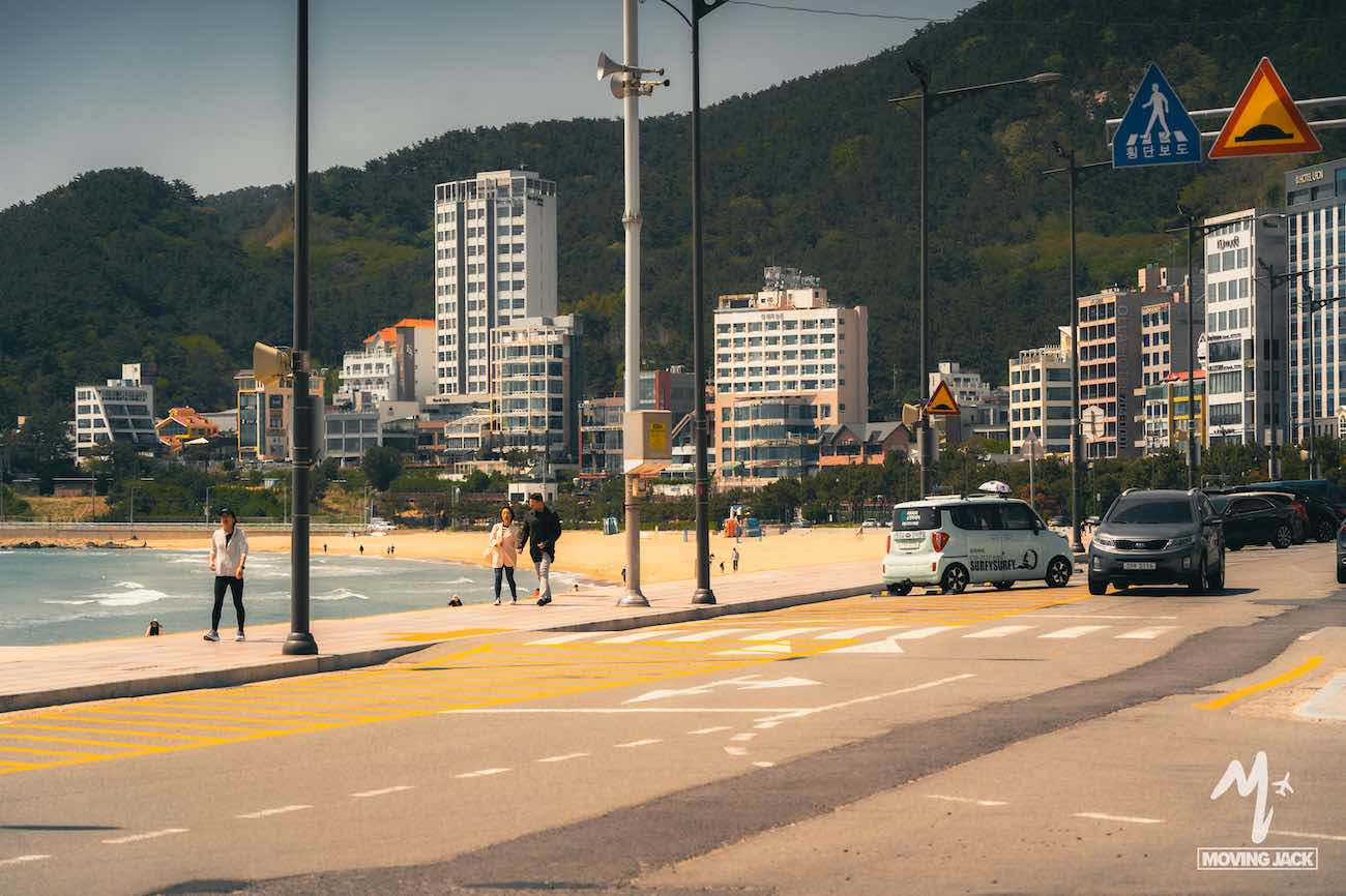 People walk along a beachside road with cars parked nearby and tall buildings in the background, highlighting why many ask, "Is Busan worth visiting?.