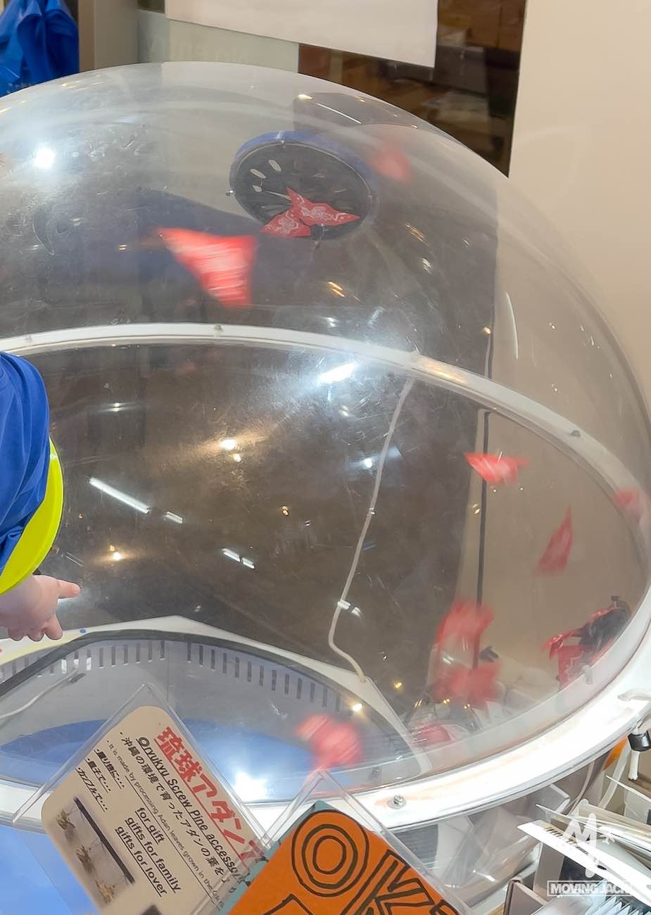 Een transparante koepel bevat verschillende rode papieren vlinders die erin rondvliegen, schijnbaar zwevend in de lucht door een onzichtbare luchtstroom – een prachtig gezicht en een van de unieke dingen om te doen in Okinawa. Een kinderhand wijst naar de vlinders. -Copyright-moving-jack.com