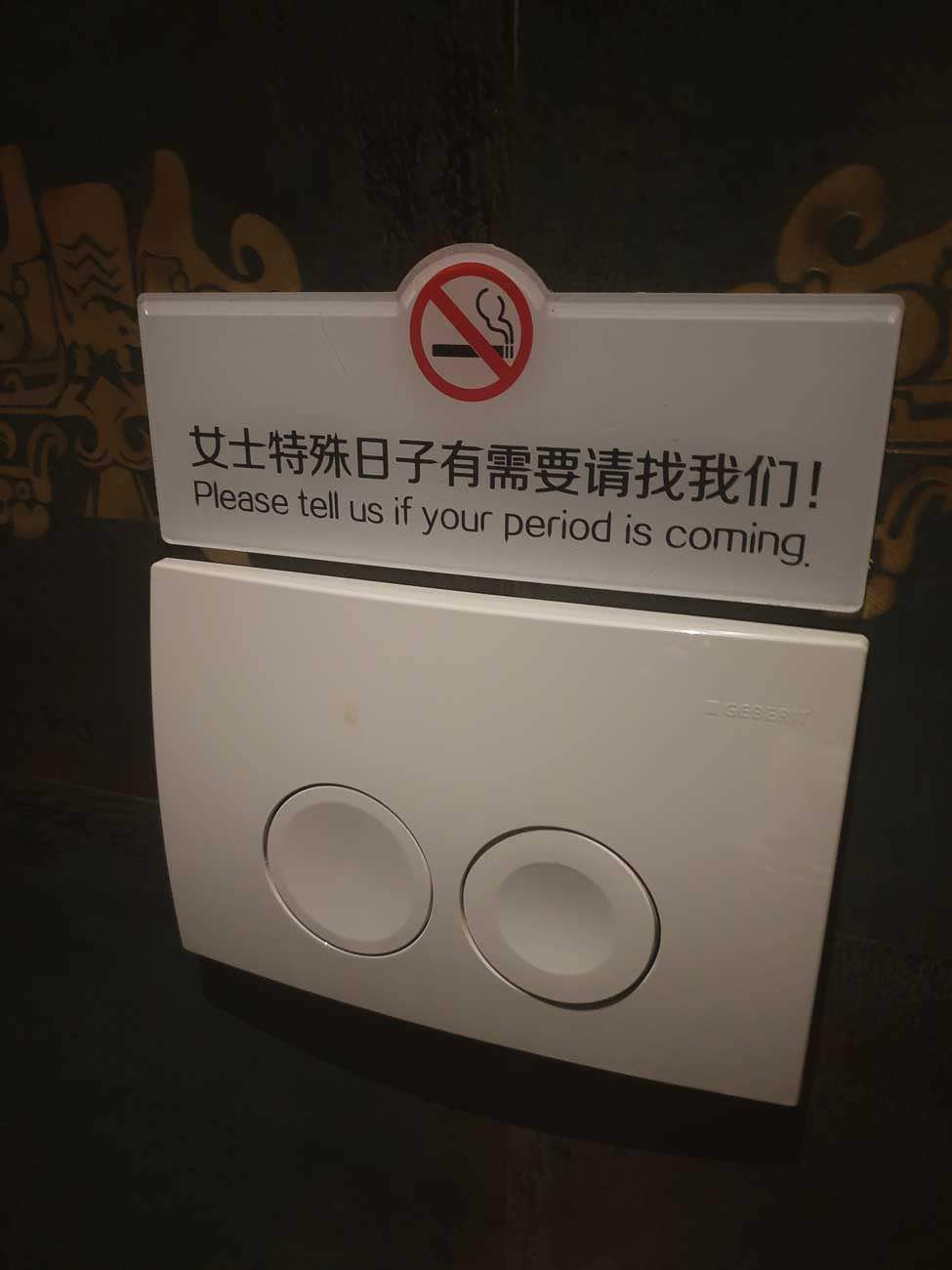 A sign above two flush buttons in a restroom