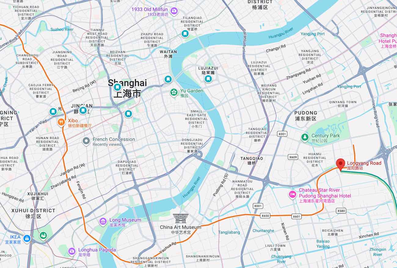 Map of central Shanghai showing roads, rivers, landmarks, shanghai airports, and major locations like Longyang Road and Century Park.