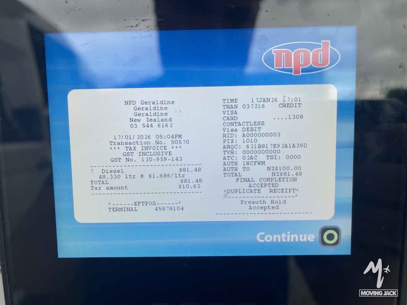 Fuel receipt from NPD Geraldine displayed on a screen, showing transaction and payment details—a glimpse into costs to consider when asking, is New Zealand by campervan worth it?.