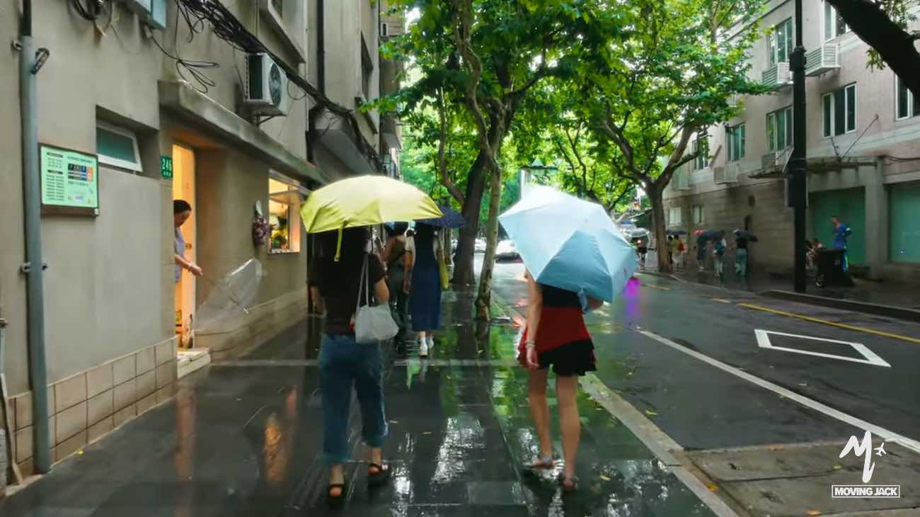 Two people walk on a wet sidewalk holding umbrellas on a rainy day, passing buildings and trees along a quiet street.
