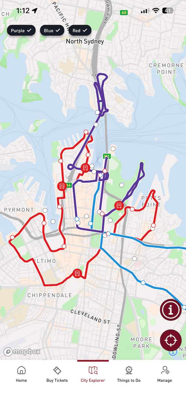 A map shows bus routes in Sydney, color-coded in purple, blue, and red, with several stops marked