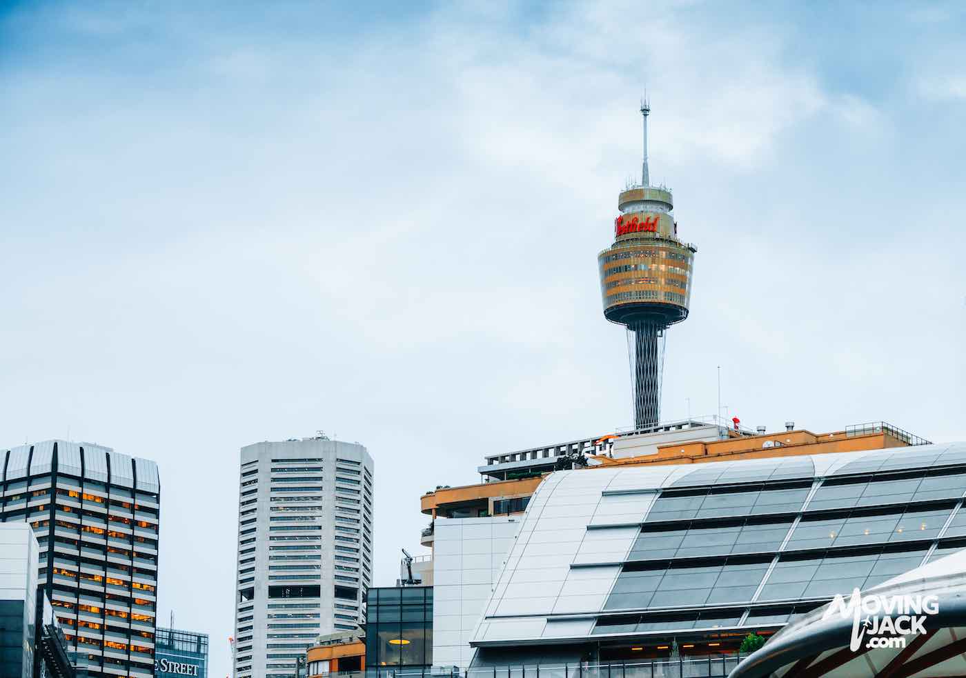 Sydney Tower rising above nearby modern buildings
